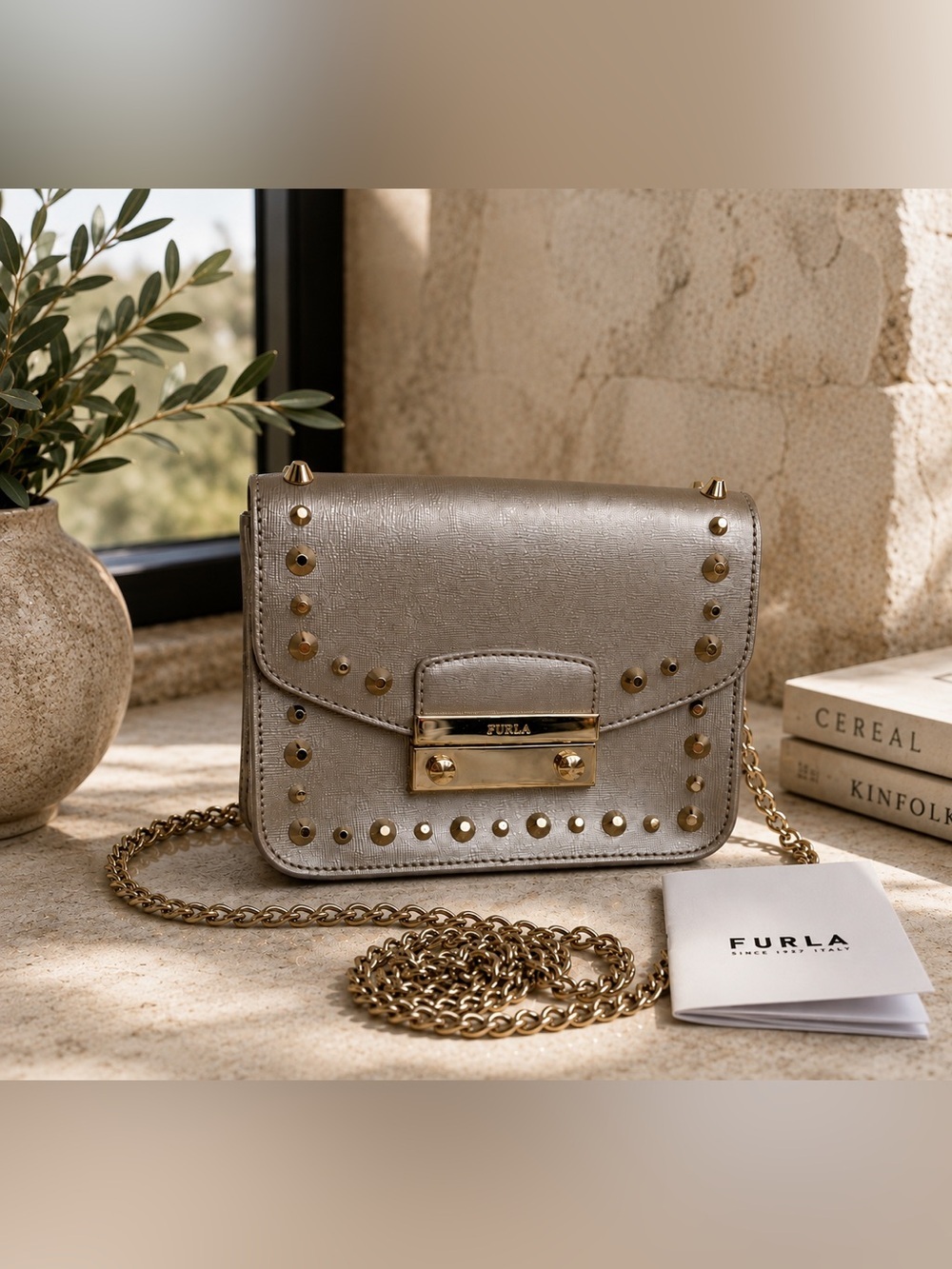 Furla Julia Metropolis Metallic Gold Studded Saffiano Chain Crossbody Bag Clutch